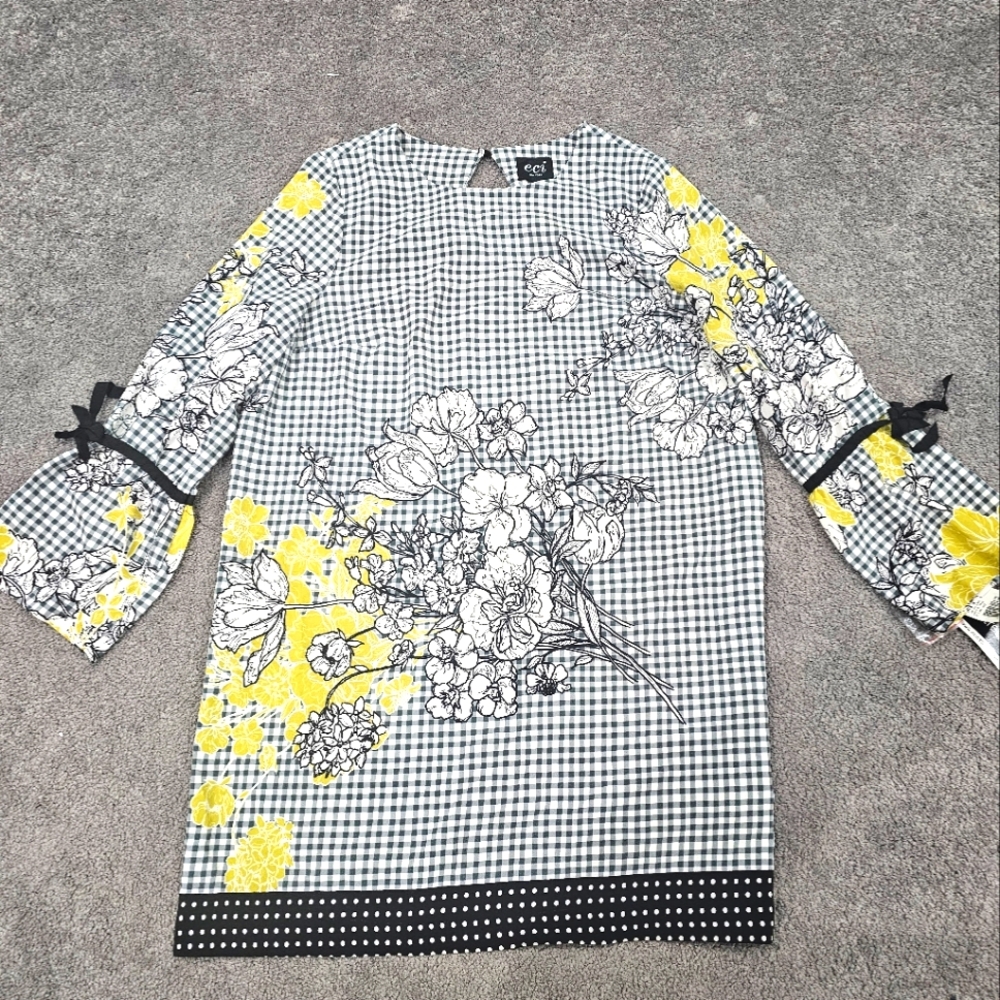 Eci New York Dress Womens Sz 12 Black White And Lime Floral